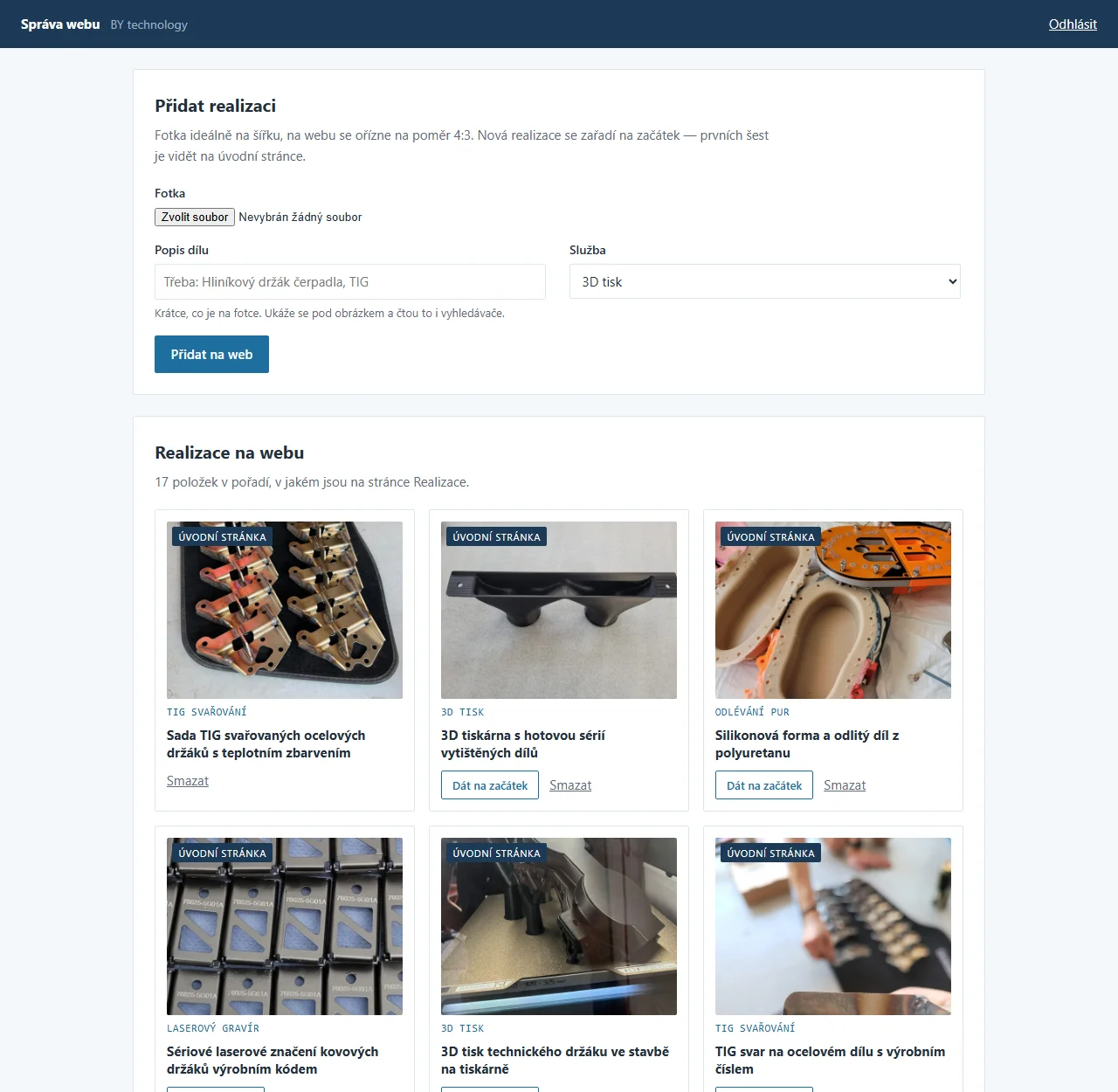 Administrace webu BY technology: přidání nové realizace s fotkou a popisem a seznam realizací na webu