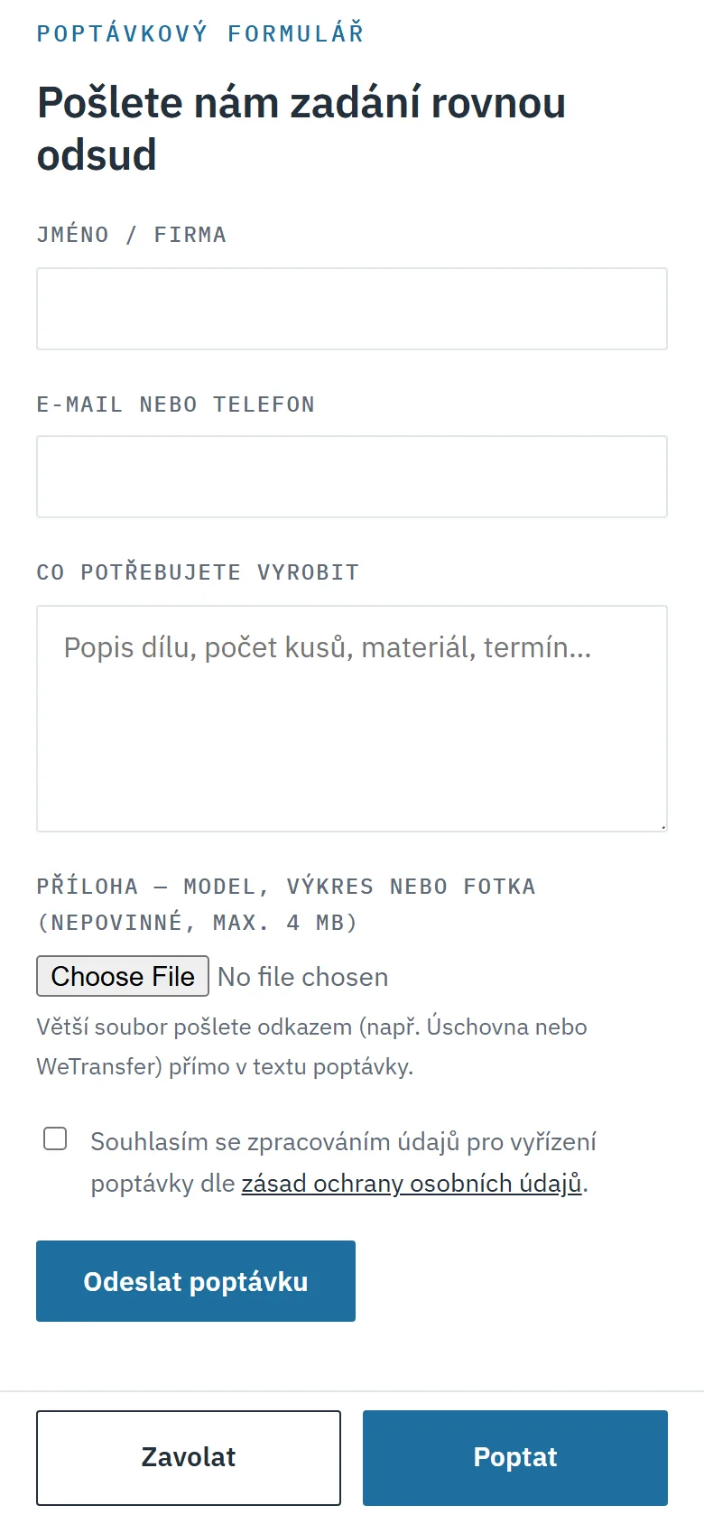 Poptávkový formulář na telefonu