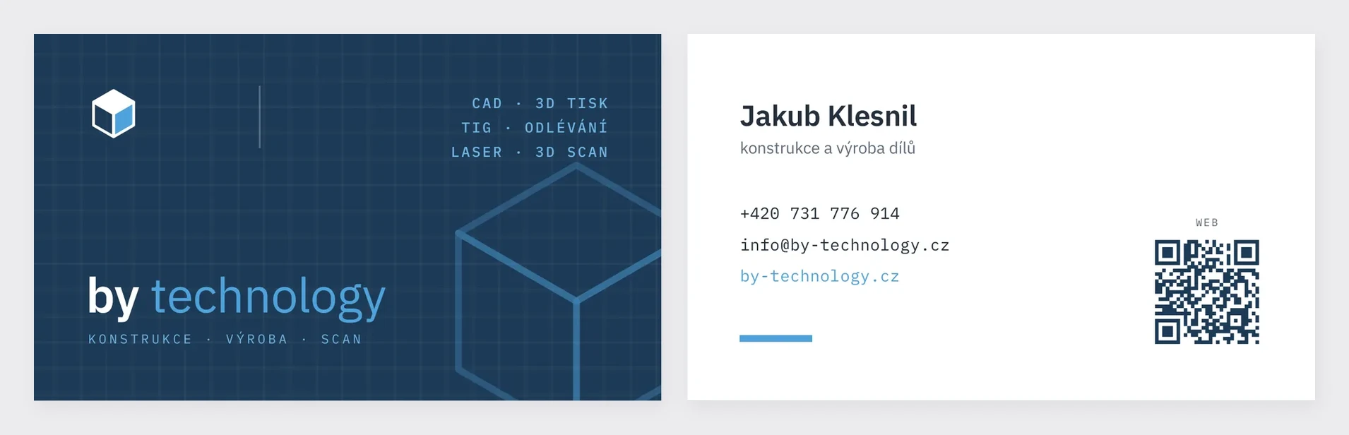 Vizitka BY technology, přední a zadní strana