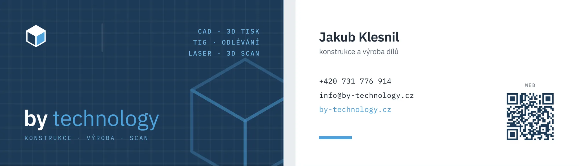 Vizitka BY technology, přední a zadní strana s QR kódem
