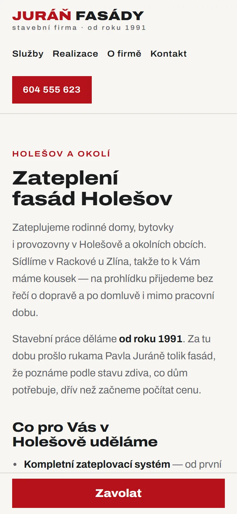 Stránka pro Holešov na telefonu s lištou Zavolat