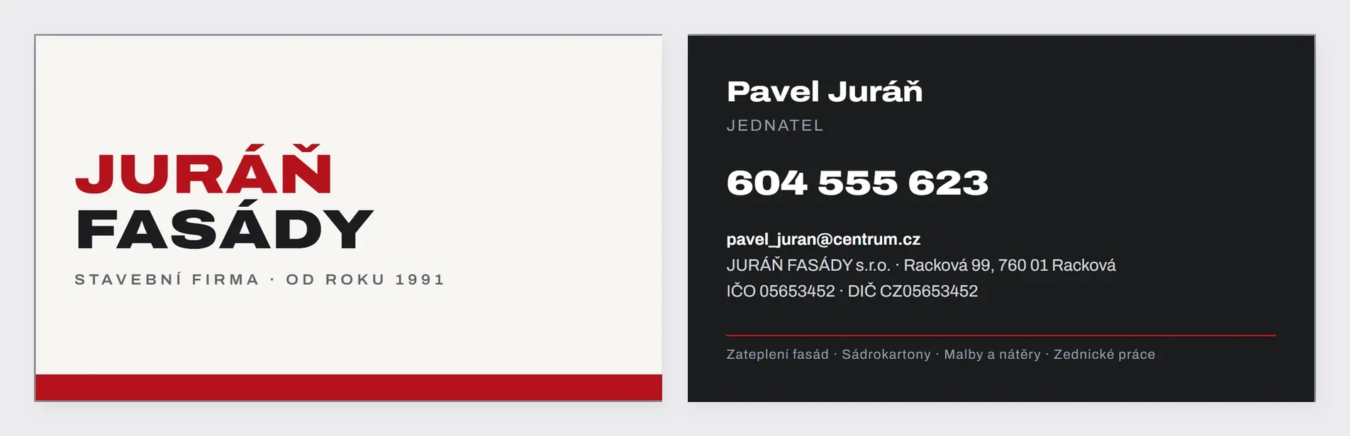 Vizitka Juráň Fasády, přední a zadní strana