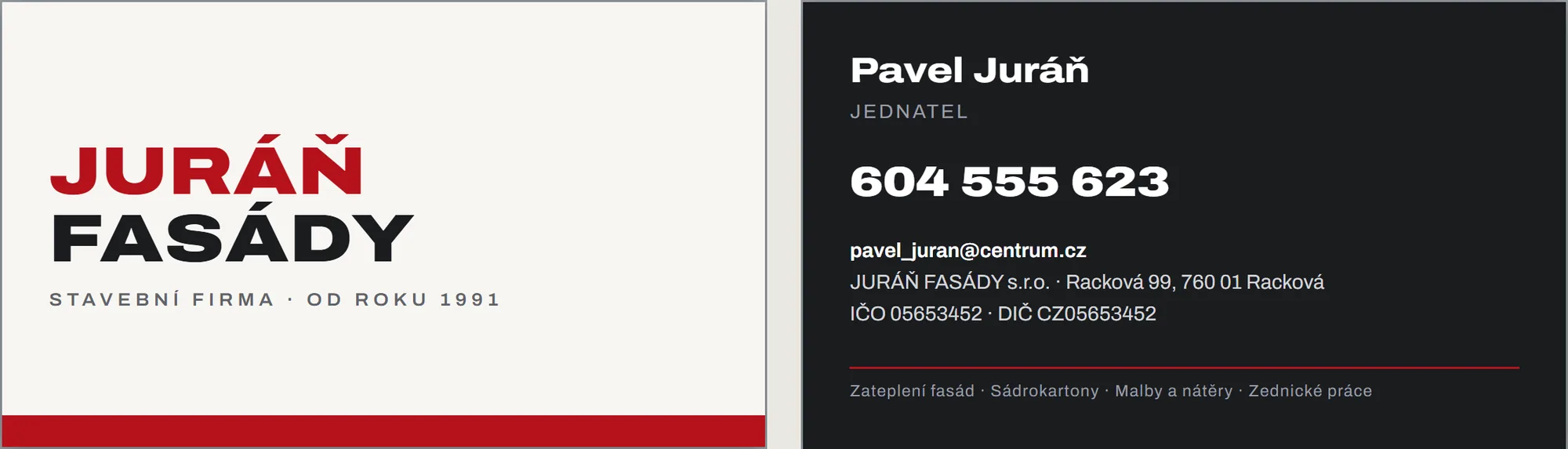 Návrh vizitky Juráň Fasády, líc a rub