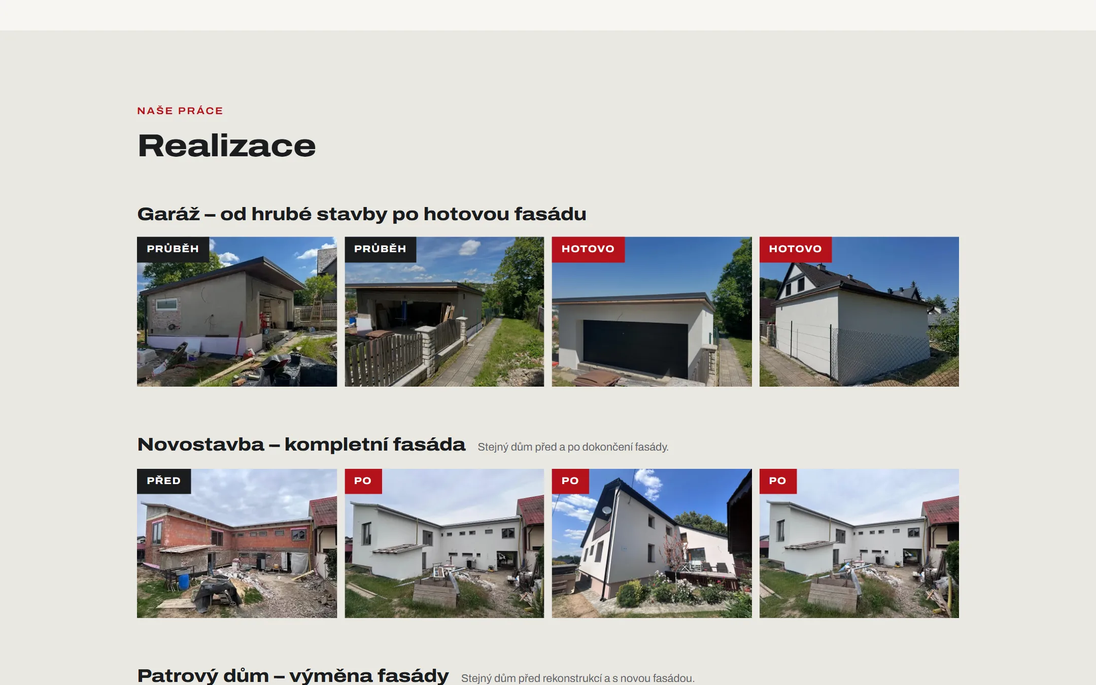 Sekce Realizace na webu Juráň Fasády