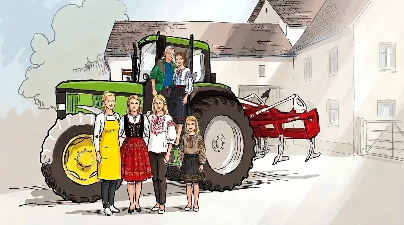 Nová kresba: celá rodina u traktoru