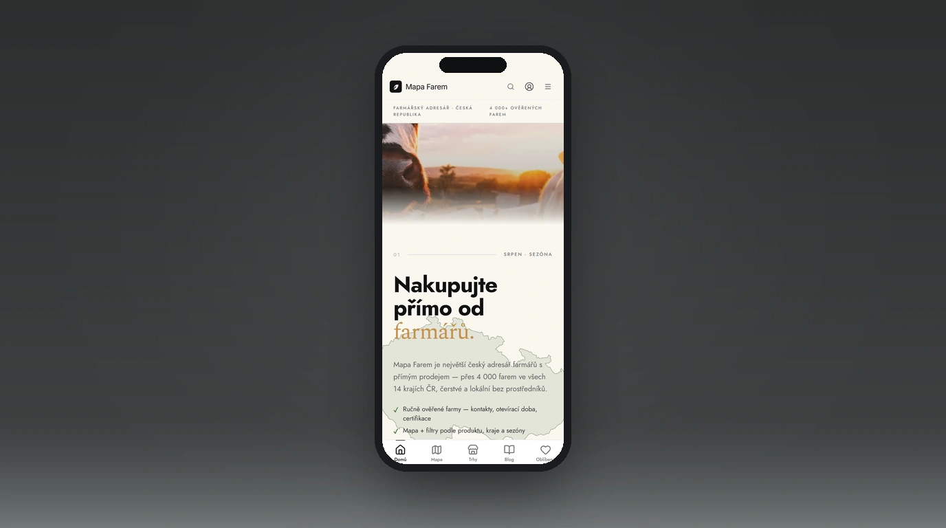 Mobilní verze webu Mapa Farem