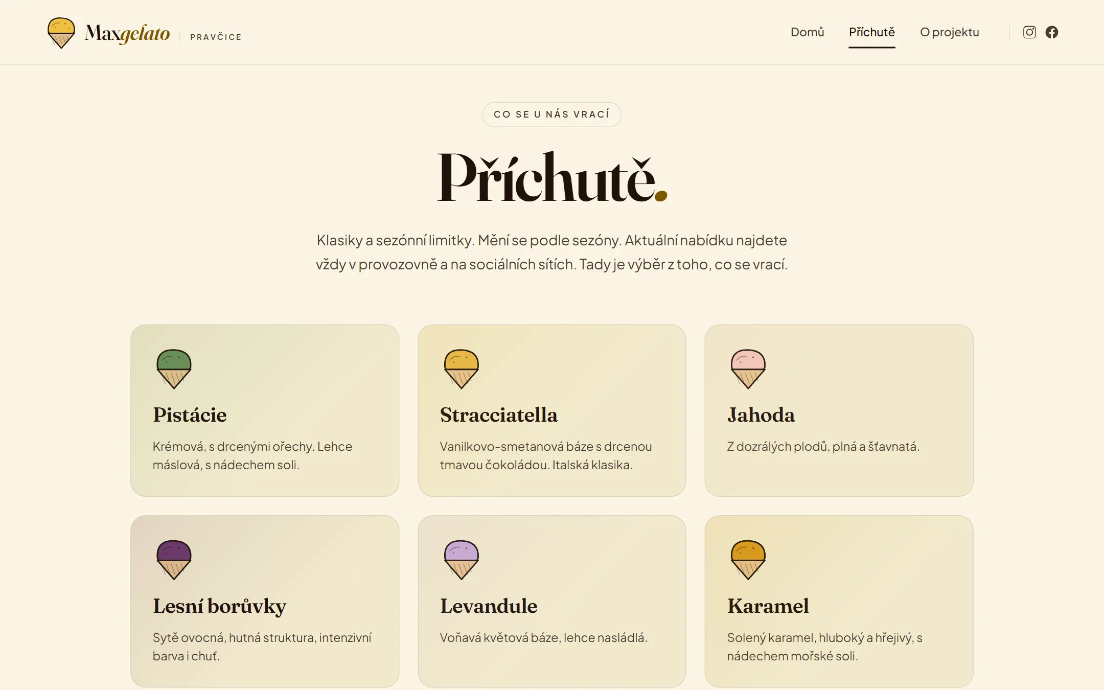 Stránka Příchutě na webu Maxgelato