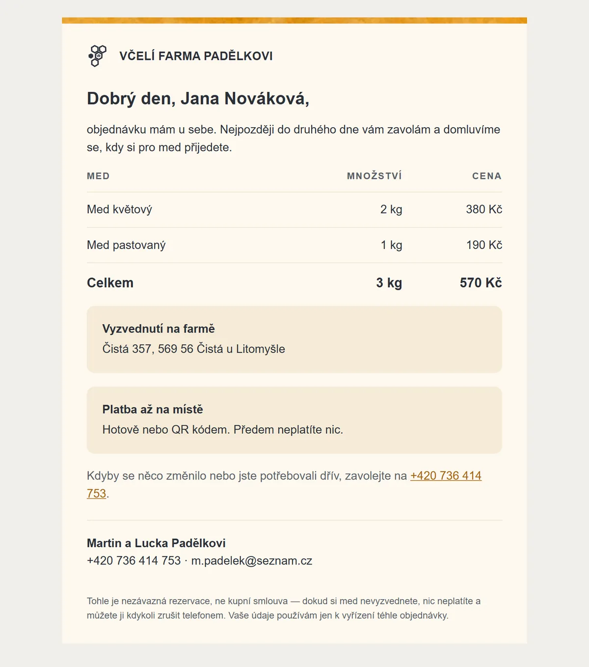 Potvrzovací e-mail pro zákazníka