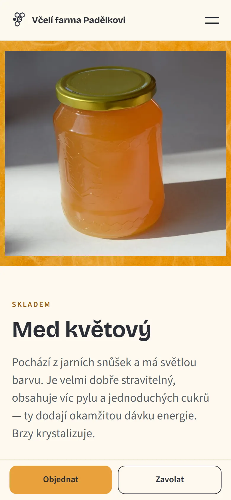 Stránka květového medu na telefonu