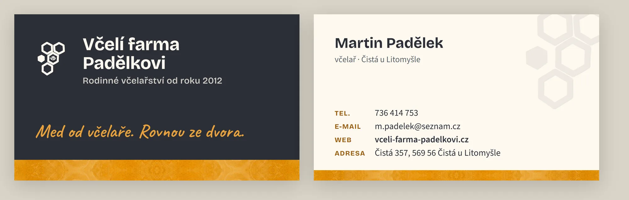 Návrh vizitky Včelí farmy Padělkovi, líc a rub